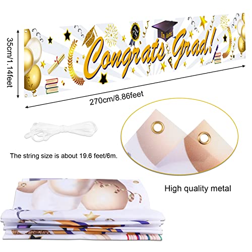 HOWAF Long Congrats Grad Fabric Banner for 2022 Graduation Party Decoration Gold and White, Graduation Banner Decoration Graduation Commencement Decoration of Table Wall Room Outdoor, with String