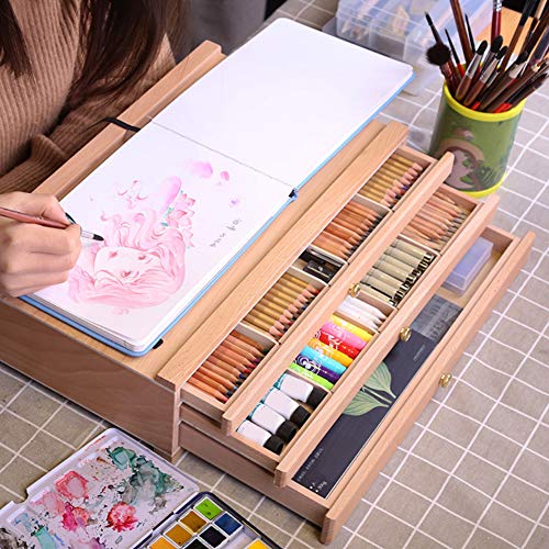 Durable Wooden Art Supply Box, Multipurpose Large Capacity Drawing Tool Case, for School Students Home Artists