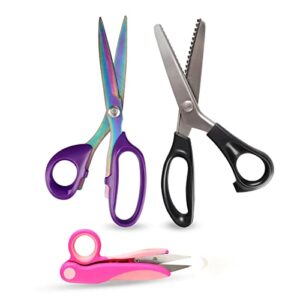 HAPIBI Sewing Scissors Set, 9' ' Zig Zag Serrated Edge Cut Pinking Shears&9' ' Fabric Scissors&5' ' Thread Snips, School/Office/Family General Use All Purpose Supplies-Arts/Crafts/Leather/Paper