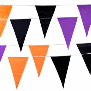 halloween pennant banner – 48 flags, 100 feet, orange, black, & purple – festive seasonal decoration for halloween, birthday parties, classrooms, crafts