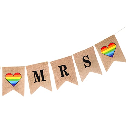 Mandala Crafts Burlap Mrs and Mrs Banner for Lesbian Wedding Decorations - Mrs & Mrs Sign for LGBT Wedding Decorations Lesbian Engagement Party Decorations