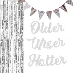older wiser hotter banner, silver glitter birthday party decorations for adults, funny 30th happy birthday decor for men women, 40th 50th 60th bday triangle flags banner and tinsel foil curtains decor
