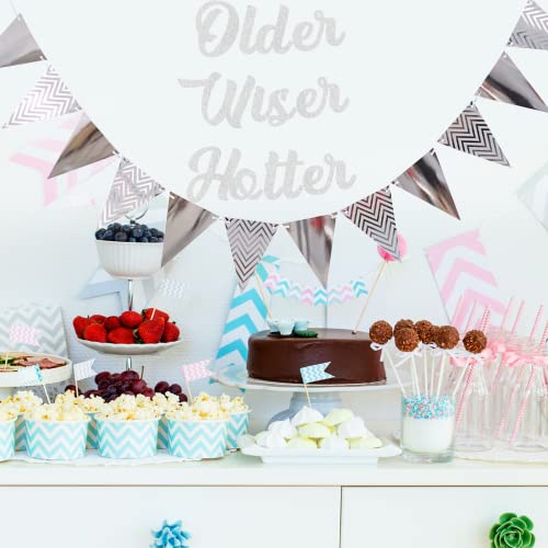 Older Wiser Hotter Banner, Silver Glitter Birthday Party Decorations for Adults, Funny 30th Happy Birthday Decor for Men Women, 40th 50th 60th Bday Triangle Flags Banner and Tinsel Foil Curtains Decor