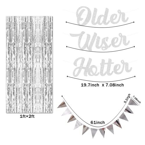 Older Wiser Hotter Banner, Silver Glitter Birthday Party Decorations for Adults, Funny 30th Happy Birthday Decor for Men Women, 40th 50th 60th Bday Triangle Flags Banner and Tinsel Foil Curtains Decor