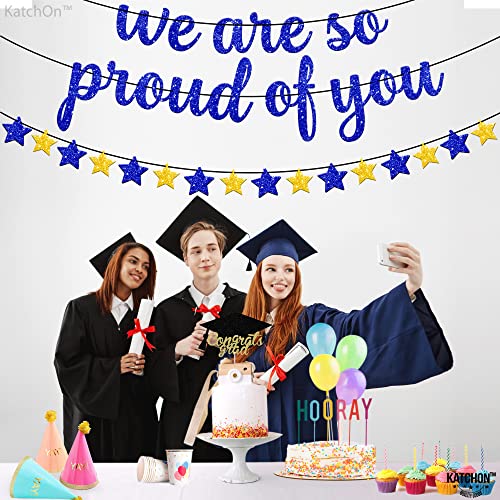 Glitter, We Are So Proud of You Banner - 10 Feet, No DIY | We Are So Proud of You Graduation Banner with Star Garland | Blue and Gold Graduation Decorations 2023 | Graduation Party Decorations 2023