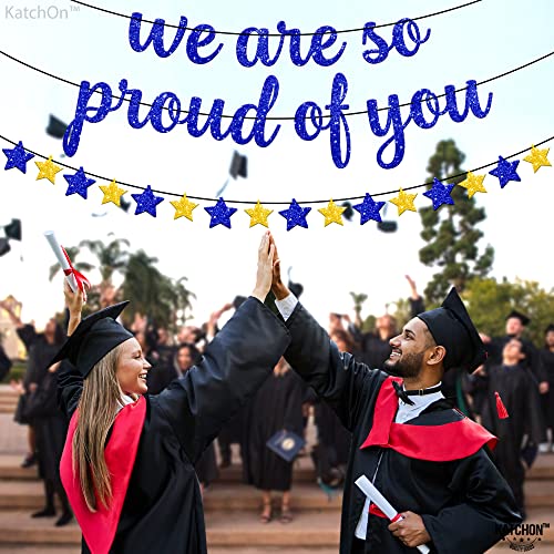 Glitter, We Are So Proud of You Banner - 10 Feet, No DIY | We Are So Proud of You Graduation Banner with Star Garland | Blue and Gold Graduation Decorations 2023 | Graduation Party Decorations 2023