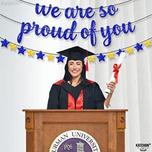 Glitter, We Are So Proud of You Banner - 10 Feet, No DIY | We Are So Proud of You Graduation Banner with Star Garland | Blue and Gold Graduation Decorations 2023 | Graduation Party Decorations 2023