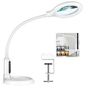 tomsoo 5x magnifying glass with light and clamp, 5 color modes stepless dimmable lighted magnifier with stand, flexible gooseneck led desk lamp hands free for craft painting hobby close work