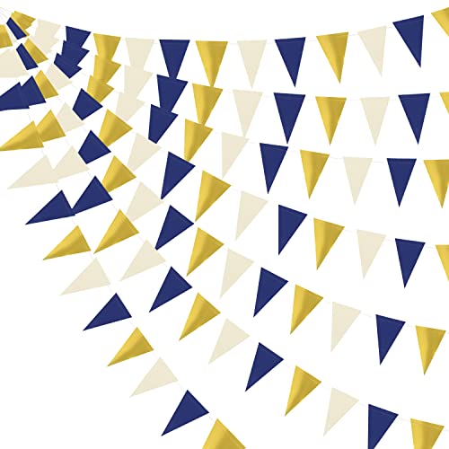 YSSAI 46 Ft Navy Blue Gold Beige Triangle Flag Bunting Banner Hanging Paper Pennant Banner Blue and Gold Party Decorations SA0029 0