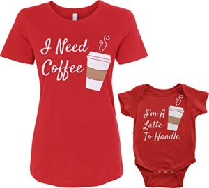 threadrock coffee & latte infant bodysuit & women’s t-shirt matching set (baby: 6m, red|women’s: xl, red)