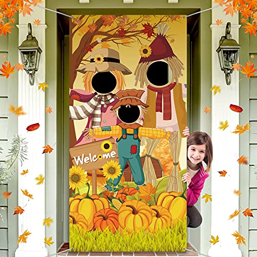 Thanksgiving Party Scarecrow Backdrop Decoration,Pumpkins Sunflower Photo Door Banner Cover Harvest Maple Fall Leaves for Autumn Thanksgiving Party Decor Favor Supplies