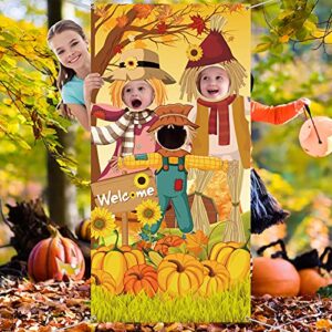 Thanksgiving Party Scarecrow Backdrop Decoration,Pumpkins Sunflower Photo Door Banner Cover Harvest Maple Fall Leaves for Autumn Thanksgiving Party Decor Favor Supplies