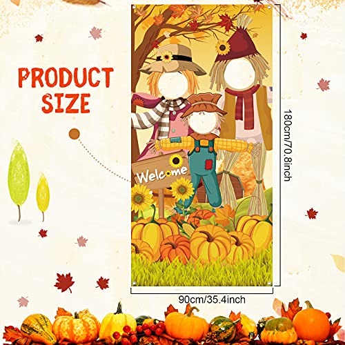 Thanksgiving Party Scarecrow Backdrop Decoration,Pumpkins Sunflower Photo Door Banner Cover Harvest Maple Fall Leaves for Autumn Thanksgiving Party Decor Favor Supplies