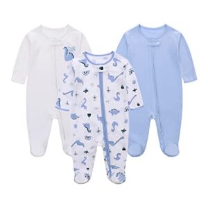 lat 3 pcs baby footie pajamas，infant girls boys one-piece footies sleeper newborn cotton sleepwear outfits,zipper design（blue dinosaur，3-6 months）