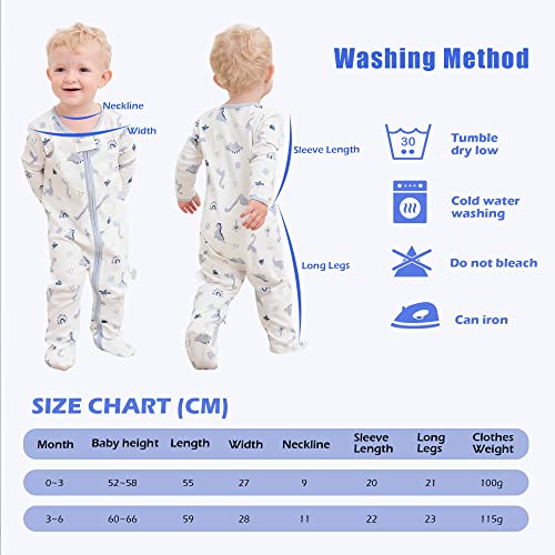 LAT 3 Pcs Baby Footie Pajamas，Infant Girls Boys One-Piece Footies Sleeper Newborn Cotton Sleepwear Outfits,zipper design（Blue Dinosaur，3-6 Months）