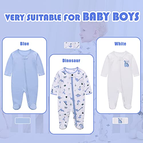 LAT 3 Pcs Baby Footie Pajamas，Infant Girls Boys One-Piece Footies Sleeper Newborn Cotton Sleepwear Outfits,zipper design（Blue Dinosaur，3-6 Months）