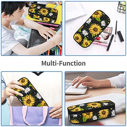 Sunfower Pencil Case High Capacity Floral Pen Pouch for Teen Girls Boys Durable Pencil Box Designed Pen Bag for Men Women with Zipper