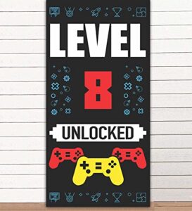 level 8th unlocked happy 8th birthday level up banner backdrop background photo booth props video games gamepad theme decor for boys girls 8th birthday party favors supplies decorations