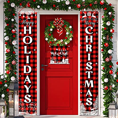 3 Pieces Christmas Plaid Porch Sign Merry Christmas Banner Happy Holidays Banner Welcome Banner Front Door Hanging Sign for Christmas Home Wall Indoor Outdoor Decoration