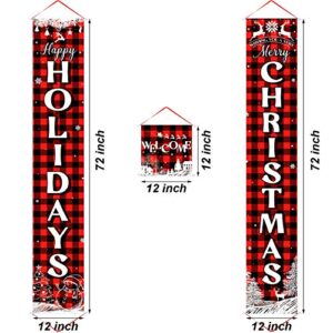 3 Pieces Christmas Plaid Porch Sign Merry Christmas Banner Happy Holidays Banner Welcome Banner Front Door Hanging Sign for Christmas Home Wall Indoor Outdoor Decoration