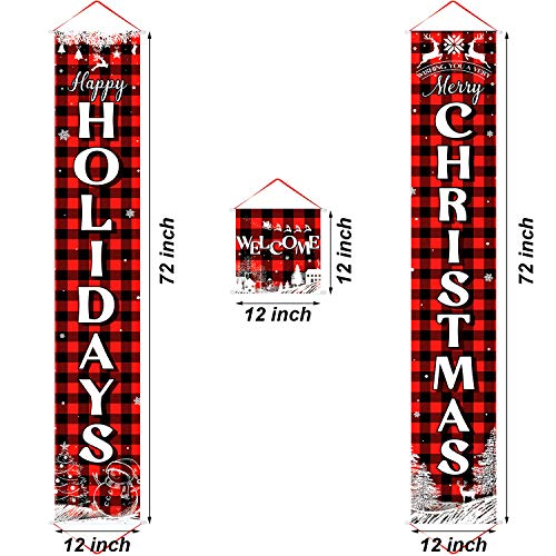 3 Pieces Christmas Plaid Porch Sign Merry Christmas Banner Happy Holidays Banner Welcome Banner Front Door Hanging Sign for Christmas Home Wall Indoor Outdoor Decoration