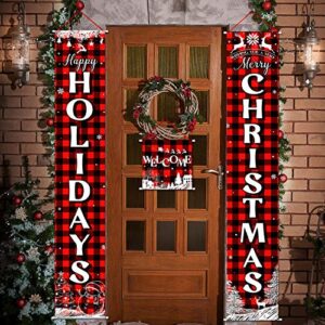 3 Pieces Christmas Plaid Porch Sign Merry Christmas Banner Happy Holidays Banner Welcome Banner Front Door Hanging Sign for Christmas Home Wall Indoor Outdoor Decoration