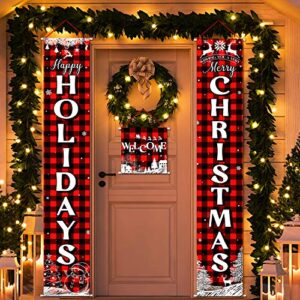 3 Pieces Christmas Plaid Porch Sign Merry Christmas Banner Happy Holidays Banner Welcome Banner Front Door Hanging Sign for Christmas Home Wall Indoor Outdoor Decoration