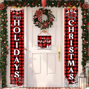 3 Pieces Christmas Plaid Porch Sign Merry Christmas Banner Happy Holidays Banner Welcome Banner Front Door Hanging Sign for Christmas Home Wall Indoor Outdoor Decoration