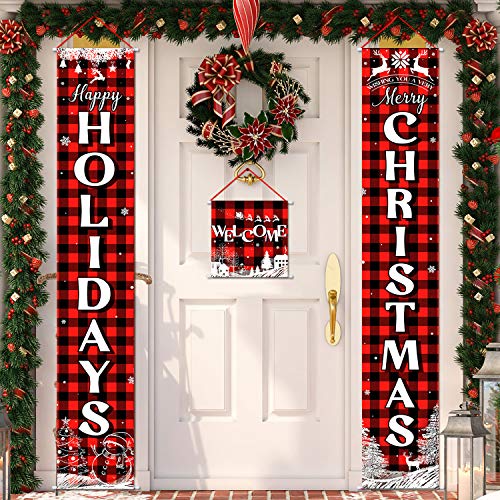 3 Pieces Christmas Plaid Porch Sign Merry Christmas Banner Happy Holidays Banner Welcome Banner Front Door Hanging Sign for Christmas Home Wall Indoor Outdoor Decoration