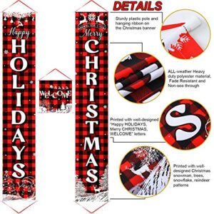 3 Pieces Christmas Plaid Porch Sign Merry Christmas Banner Happy Holidays Banner Welcome Banner Front Door Hanging Sign for Christmas Home Wall Indoor Outdoor Decoration