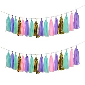 20 pcs tissue paper tassels, tassel garland banner for wedding, baby shower and party decorations, diy kits (metallic gold，light purple，pink，green)