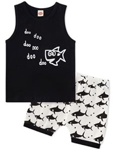 kids4ever baby boys summer clothes sets 12-18 months toddlers boy black and white shark sleeveless shirt tops + fish short pants child 3d printed doo doo letters hawaiian beach board shorts