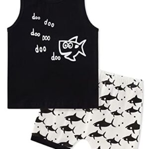 Kids4ever Baby Boys Summer Clothes Sets 12-18 Months Toddlers Boy Black and White Shark Sleeveless Shirt Tops + Fish Short Pants Child 3d Printed Doo Doo Letters Hawaiian Beach Board Shorts