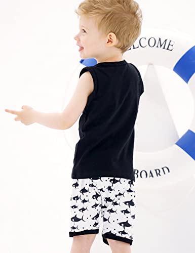 Kids4ever Baby Boys Summer Clothes Sets 12-18 Months Toddlers Boy Black and White Shark Sleeveless Shirt Tops + Fish Short Pants Child 3d Printed Doo Doo Letters Hawaiian Beach Board Shorts