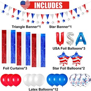 4th/Fourth of July Patriotic Decorations Set-Red White Blue Tinsel Foil Curtains,Star Garland Pennant Banner&Balloon, USA America Independence Day Decor Labor Day Party Supplies for Home,Outdoor