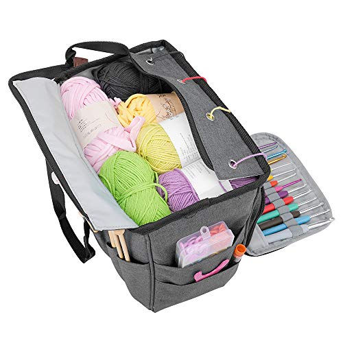 gotor Knitting Bag, Yarn Storage Tote Bag, Crochet Storage Organizer for Carrying Cotton Yarns, Knitting Needles, Crochet Hooks and Other Accessories, Grey