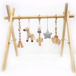 Wooden Play Gym for Baby FOLDABLE Infant Activity Set WILD WEST ADVENTURES Cowboy Natural Wooden Montessori Mobile Toys with Wooden Frame Play Gym Activity Set and Handmade Crochet teething toys