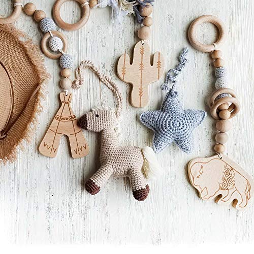 Wooden Play Gym for Baby FOLDABLE Infant Activity Set WILD WEST ADVENTURES Cowboy Natural Wooden Montessori Mobile Toys with Wooden Frame Play Gym Activity Set and Handmade Crochet teething toys