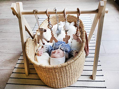 Wooden Play Gym for Baby FOLDABLE Infant Activity Set WILD WEST ADVENTURES Cowboy Natural Wooden Montessori Mobile Toys with Wooden Frame Play Gym Activity Set and Handmade Crochet teething toys