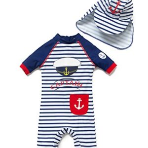 BONVERANO Kids UPF 50+ Sun Protection S/S One Piece Zip Sun Suit with Sun Hat (12-18 Months, Captain)