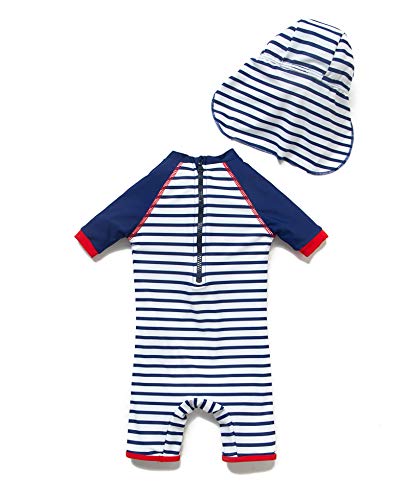 BONVERANO Kids UPF 50+ Sun Protection S/S One Piece Zip Sun Suit with Sun Hat (12-18 Months, Captain)