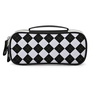 black and white plaid printed pencil case bag stationery pouch with handle portable makeup bag desk organizer