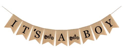 Motorcycle Baby Shower Decorations, It's A Boy Burlap Banner,Motorcross Themed Baby Shower Party,Dirt Bike Party Décor,Motorbike Party Supplies,Rider and Biker Baby Shower Sign,Racing Track Party Favor