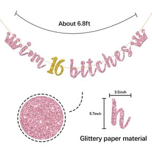 Pink Gold I'm 16 Bitches Banner, Happy 16th Birthday Party Decorations for Girls, 16th Wedding Anniversary Party Supplies Glitter Sweet 16 Banner