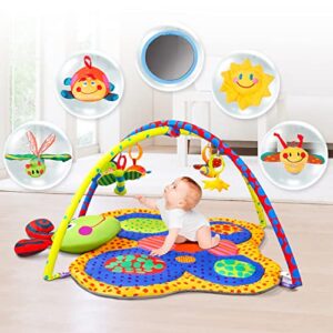 rivpabo baby play mat, animal theme baby play gym with 5 sensory toys, thicker non-slip baby activity center for motor skill development, washable tummy time mat for infant and newborn (beebee)