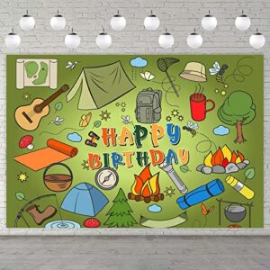 happy birthday happy camper banner backdrop camping forest scene tent theme decor for one happy camper birthday party decorations men women summer camp 1st birthday party background photo booth props