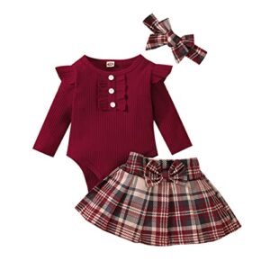 infant toddler baby girl fall winter outfits long sleeve romper knitted bodysuit with plaid skirt 2pcs christmas outfits (wine red, 9-12 months)