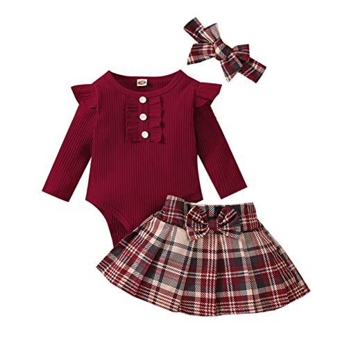 Infant Toddler Baby Girl Fall Winter Outfits Long Sleeve Romper Knitted Bodysuit with Plaid Skirt 2Pcs Christmas Outfits (Wine Red, 9-12 Months)