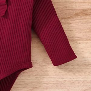 Infant Toddler Baby Girl Fall Winter Outfits Long Sleeve Romper Knitted Bodysuit with Plaid Skirt 2Pcs Christmas Outfits (Wine Red, 9-12 Months)