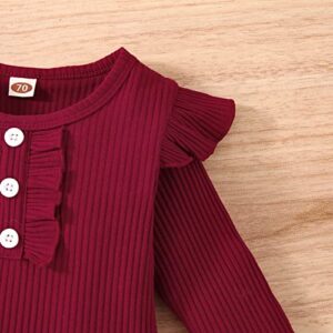 Infant Toddler Baby Girl Fall Winter Outfits Long Sleeve Romper Knitted Bodysuit with Plaid Skirt 2Pcs Christmas Outfits (Wine Red, 9-12 Months)